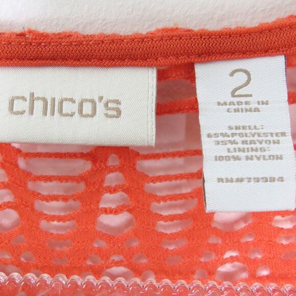 Chicos Coral Peach Open Knit Crochet Blouse Short Sleeve 2 Small Boho Causal - Picture 3 of 5